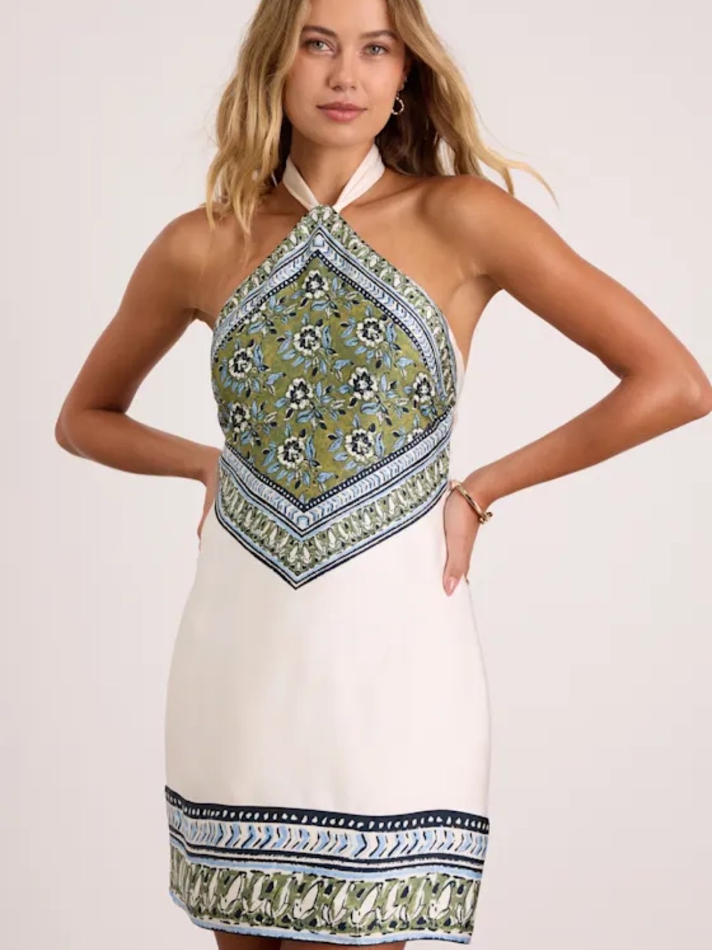 NWT! Lulus Ayson Ivory And Green Scarf Print Halter Mini Dress Size Medium Vacay - Picture 4 of 8